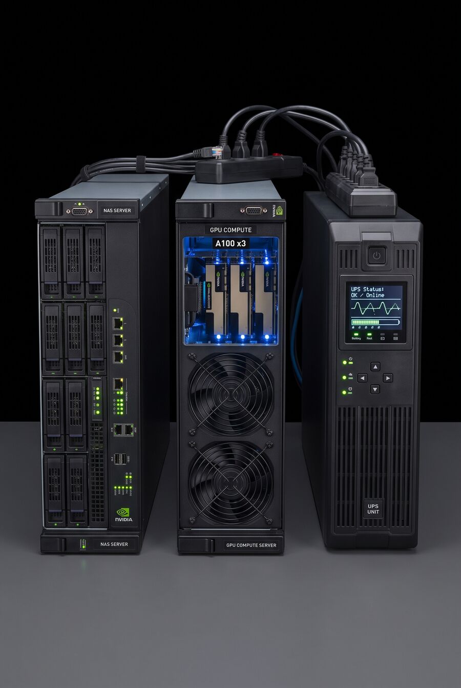 NASサーバー、GPUサーバー、UPSが並んだ様子